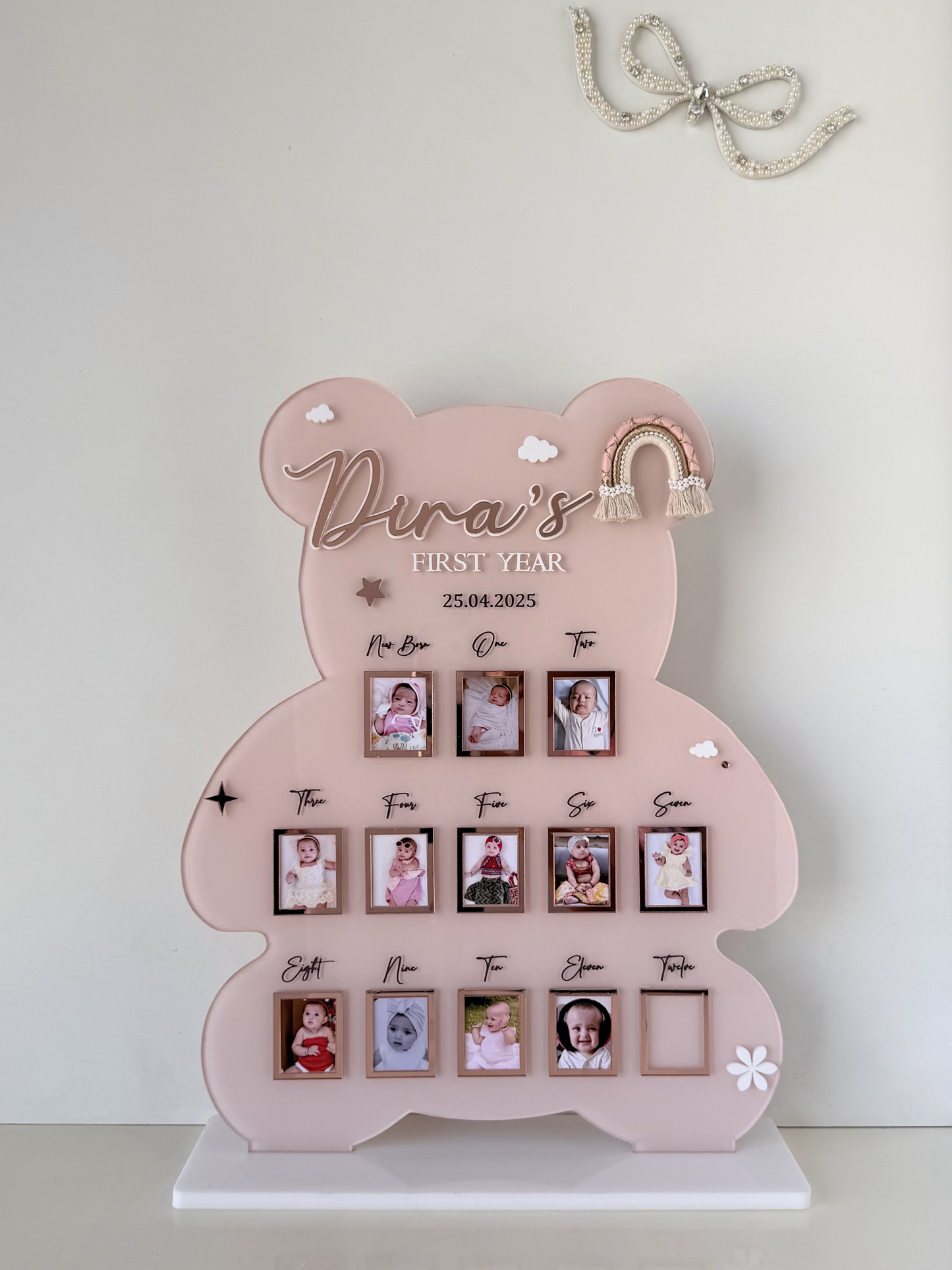 Personalized Baby First Year Photo Frame, Teddy Bear Milestone Keepsake, Custom Nursery Decor