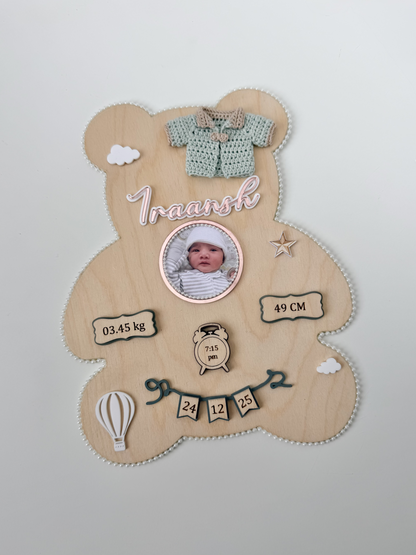 Personalized Baby Birth Plaque, Wooden Teddy Bear Nursery Keepsake with Photo and Birth Details