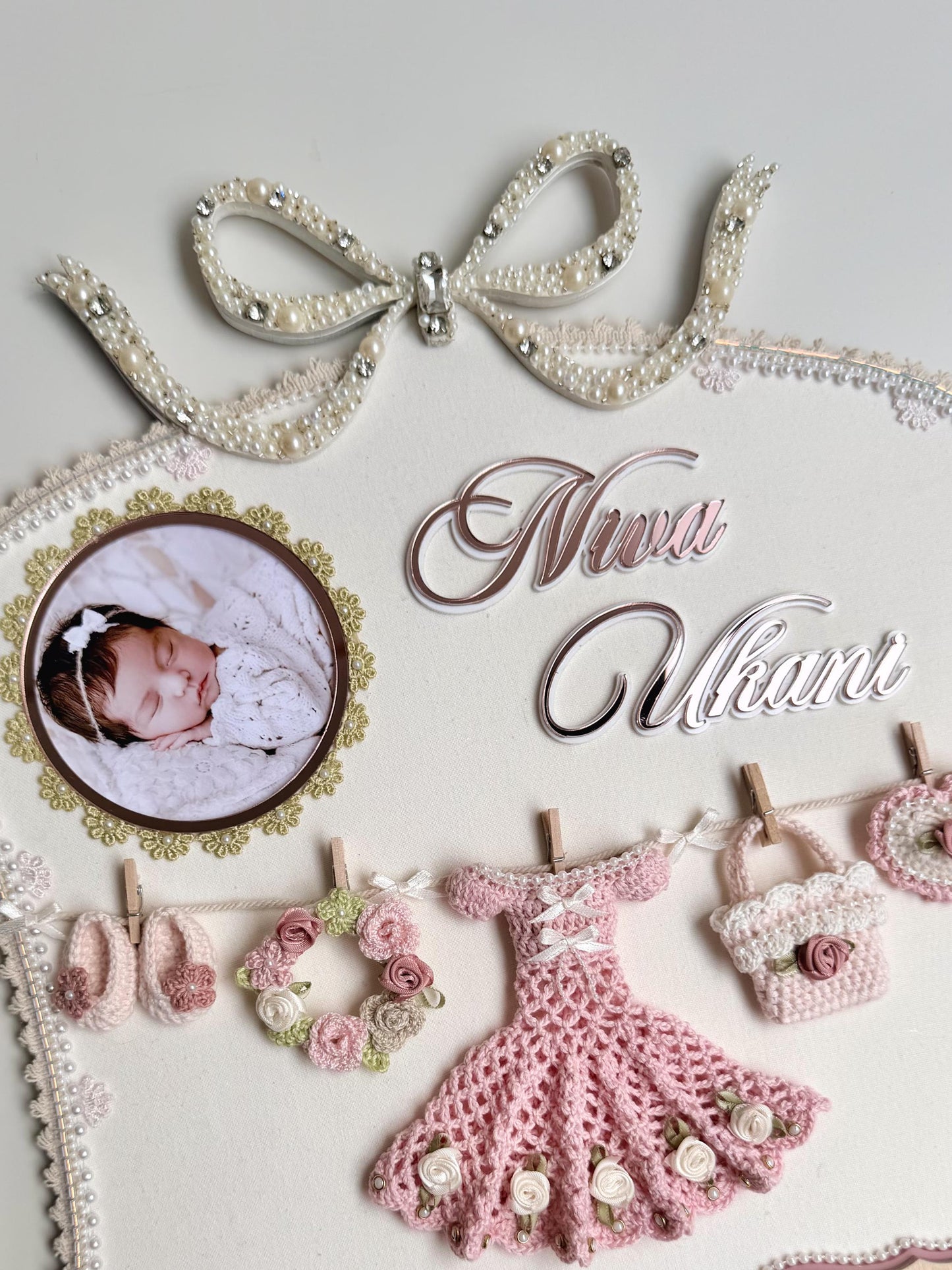 Personalized Baby Birth Stats Frame, Crochet Nursery Decor, Baby Girl Keepsake