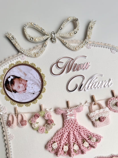 Personalized Baby Birth Stats Frame, Crochet Nursery Decor, Baby Girl Keepsake