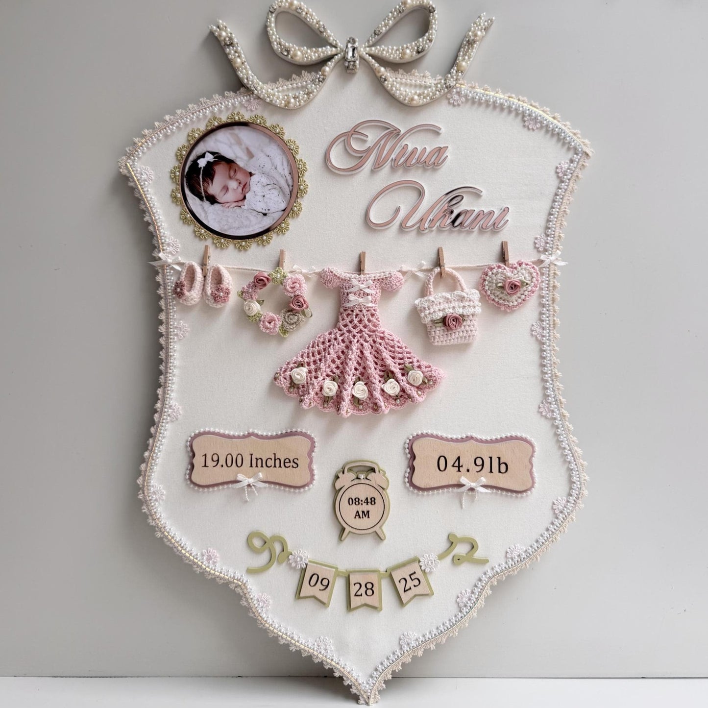 Personalized Baby Birth Stats Frame, Crochet Nursery Decor, Baby Girl Keepsake