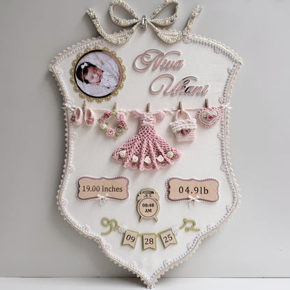 Personalized Baby Birth Stats Frame, Crochet Nursery Decor, Baby Girl Keepsake