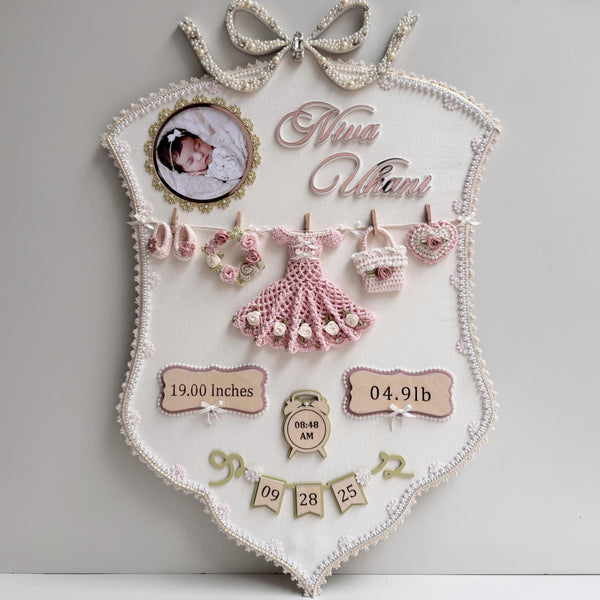 Personalized Baby Birth Stats Frame, Crochet Nursery Decor, Baby Girl Keepsake