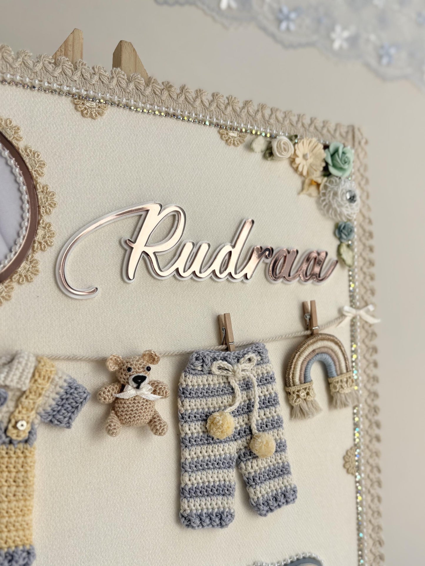 Personalized Newborn Keepsake Art, Custom Name, Crochet Baby boy Outfit, Birth Stats Display