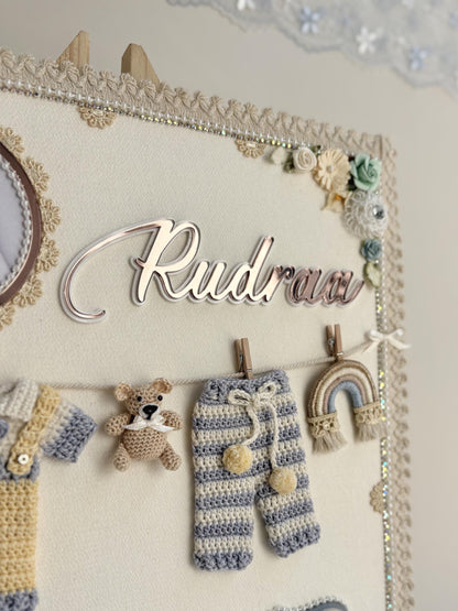 Personalized Newborn Keepsake Art, Custom Name, Crochet Baby boy Outfit, Birth Stats Display