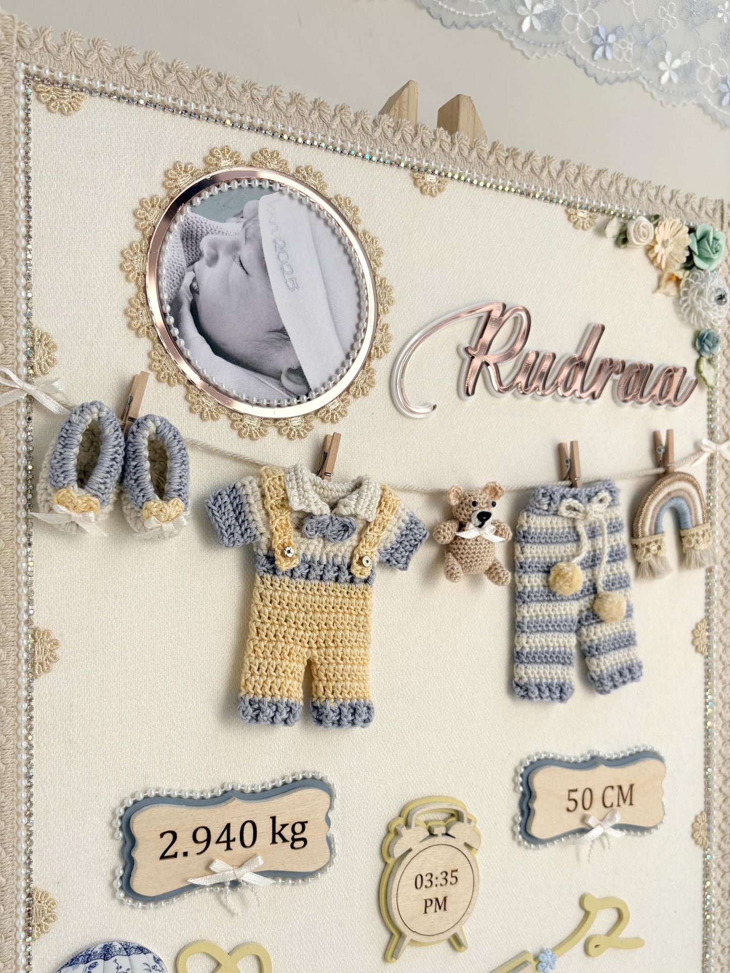 Personalized Newborn Keepsake Art, Custom Name, Crochet Baby boy Outfit, Birth Stats Display