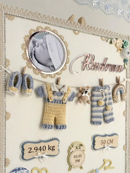 Personalized Newborn Keepsake Art, Custom Name, Crochet Baby boy Outfit, Birth Stats Display