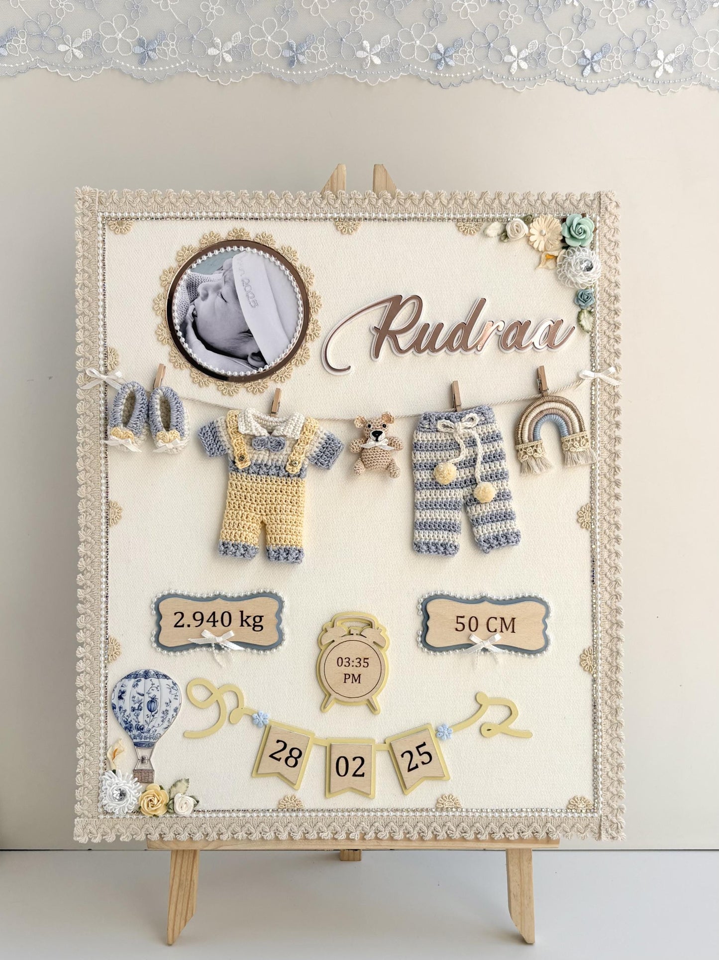 Personalized Newborn Keepsake Art, Custom Name, Crochet Baby boy Outfit, Birth Stats Display