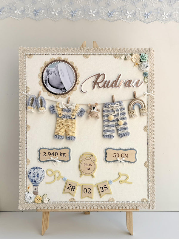 Personalized Newborn Keepsake Art, Custom Name, Crochet Baby boy Outfit, Birth Stats Display