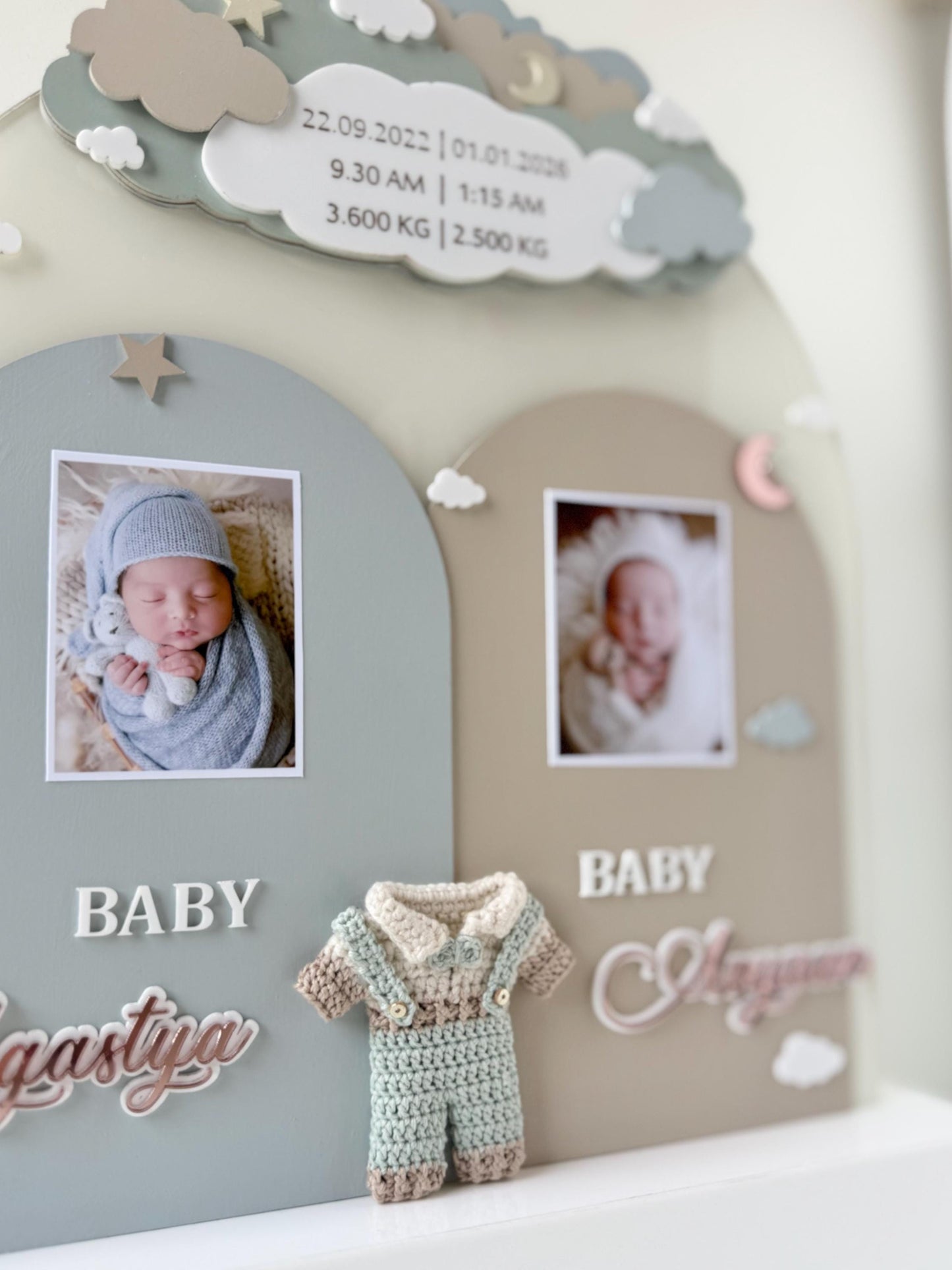 Personalized Twin Birth Announcement Sign | Layered Wood Keepsake, Photo Slots