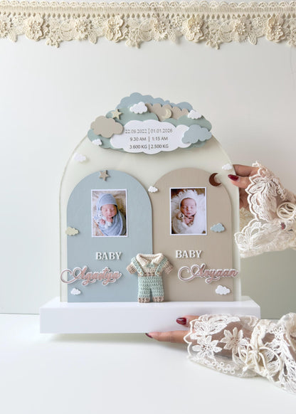 Personalized Twin Birth Announcement Sign | Layered Wood Keepsake, Photo Slots