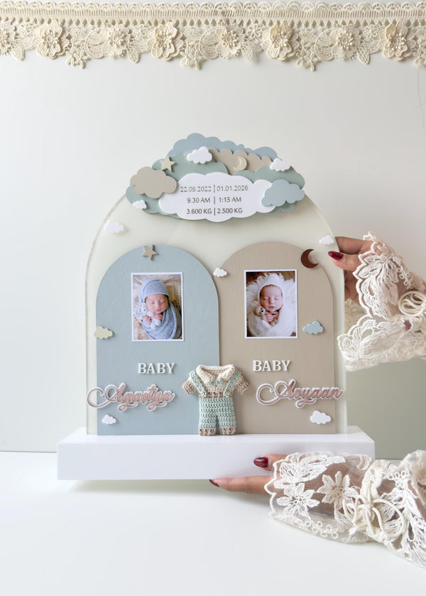 Personalized Twin Birth Announcement Sign | Layered Wood Keepsake, Photo Slots