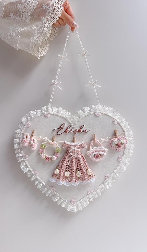 Personalized Heart Keepsake Wall Hanging, Custom Name Nursery Decor, Crochet Baby Gift