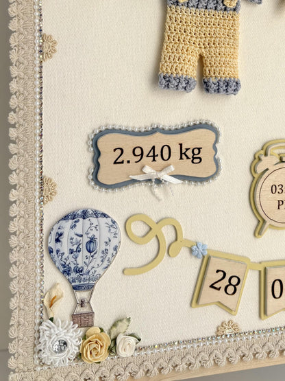 Personalized Newborn Keepsake Art, Custom Name, Crochet Baby boy Outfit, Birth Stats Display