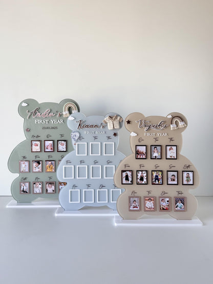Personalized Baby First Year Milestone Teddy Shape Frame | Custom Name, Birth Date Collage Keepsake