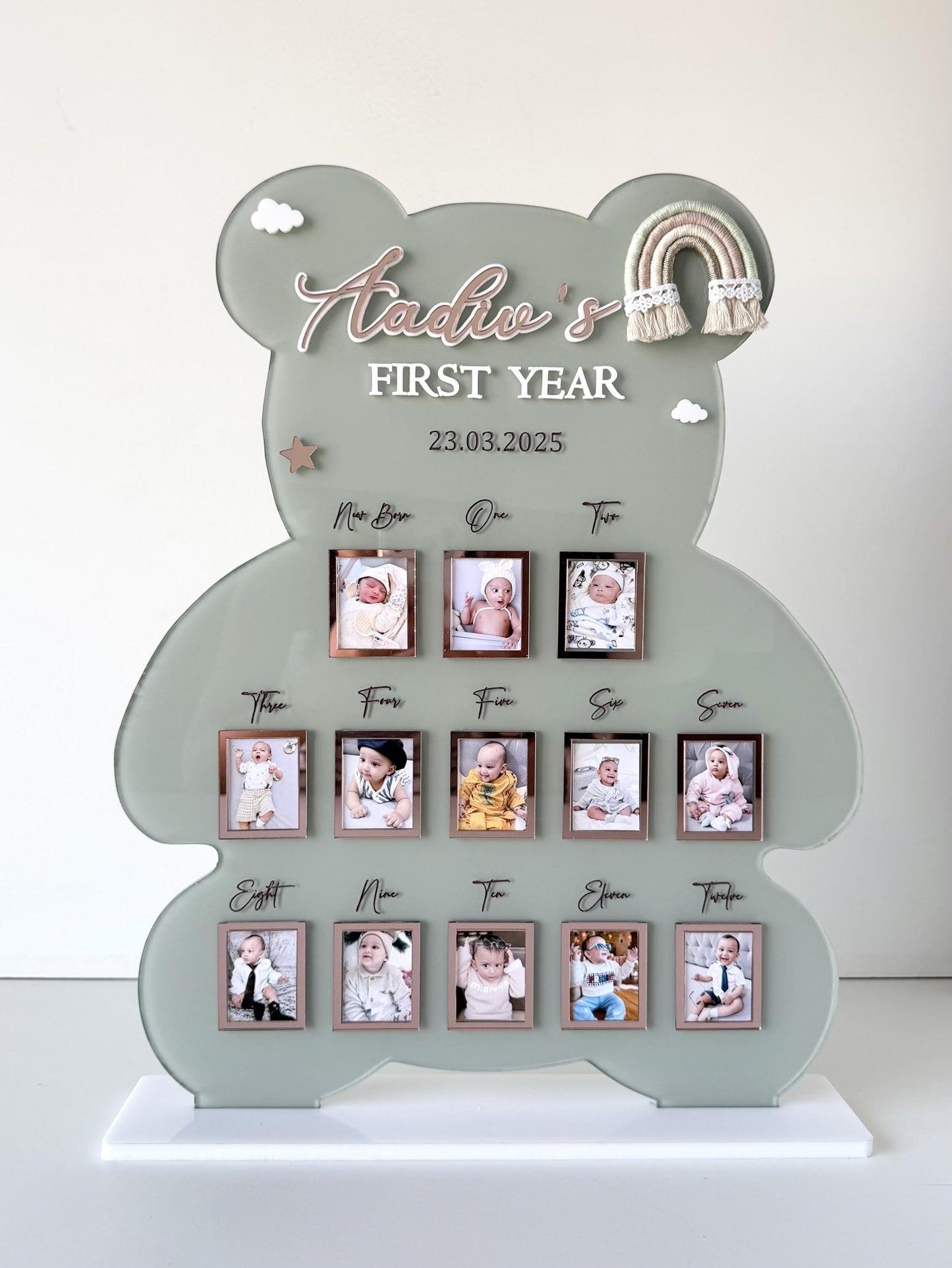 Personalized Baby First Year Milestone Teddy Shape Frame | Custom Name, Birth Date Collage Keepsake