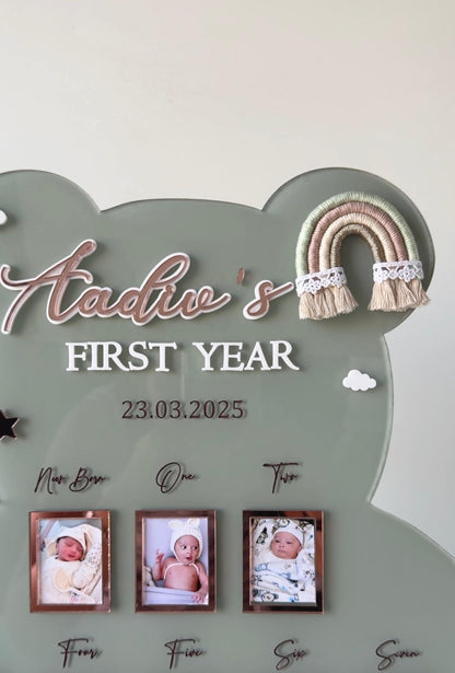 Personalized Baby First Year Milestone Teddy Shape Frame | Custom Name, Birth Date Collage Keepsake