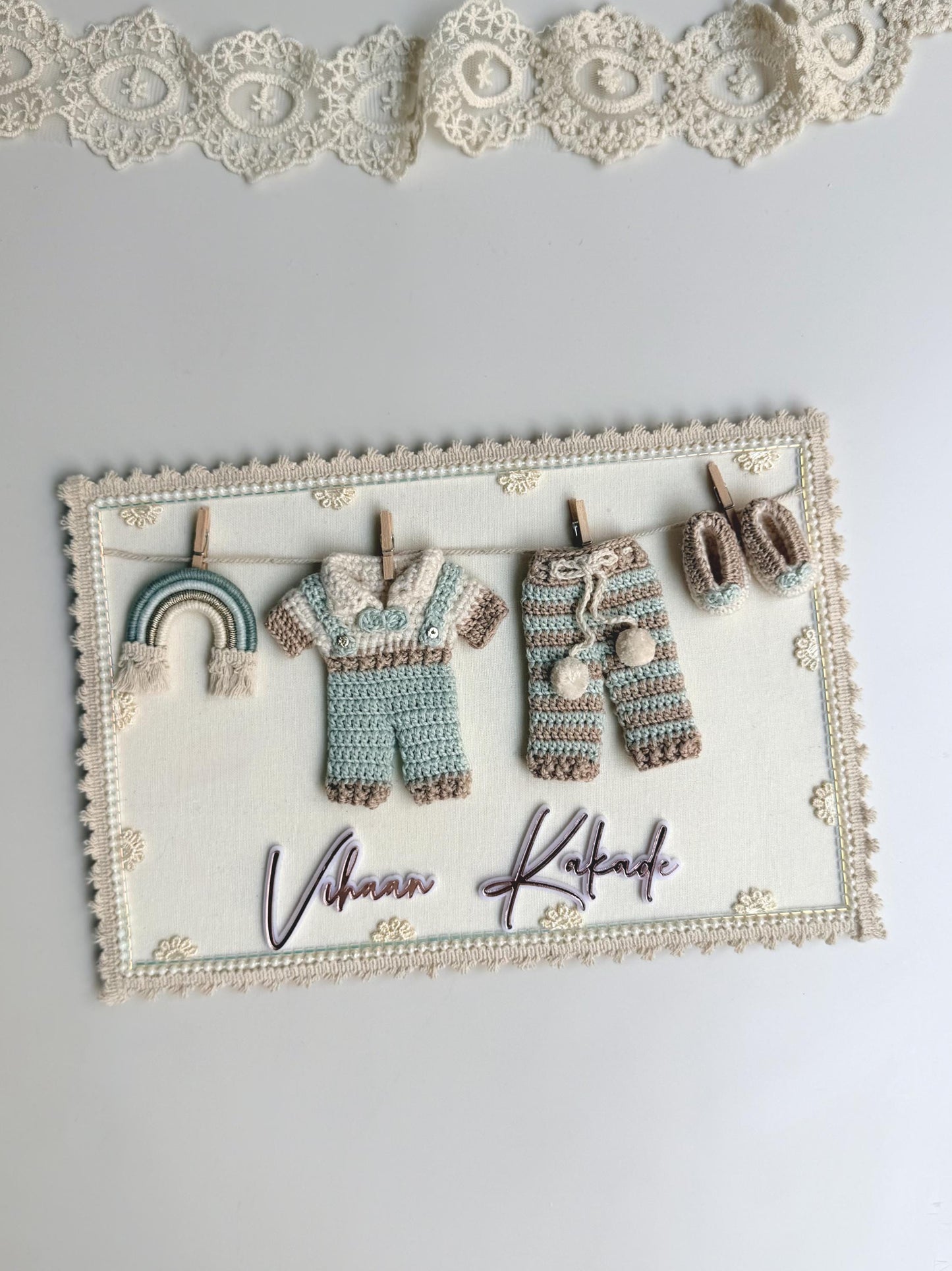 Personalized Crochet Baby Name Announcement Keepsake Frame, Handmade Outfit Nursery Decor