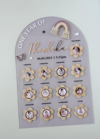 Personalized Baby Milestone Photo Board, First Year Memory Display, Pastel Rainbow Nursery Decor