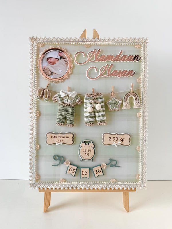 Personalized Baby Birth Details Shadow Box, Crochet Outfit Keepsake Frame, Newborn Stats Display