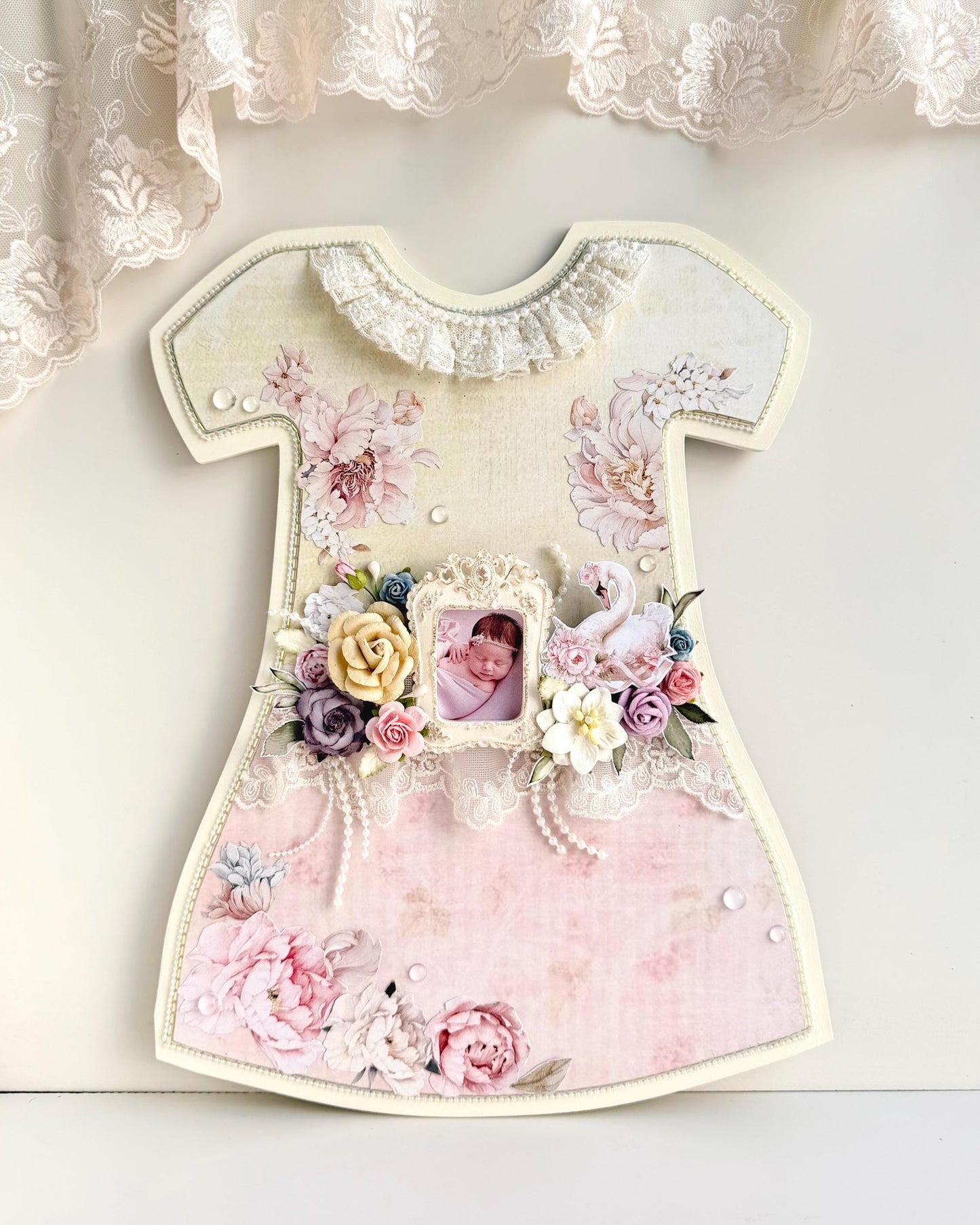 Personalized Baby Girl Keepsake Frame, Handmade Dress Decor, Swan Floral Nursery Gift