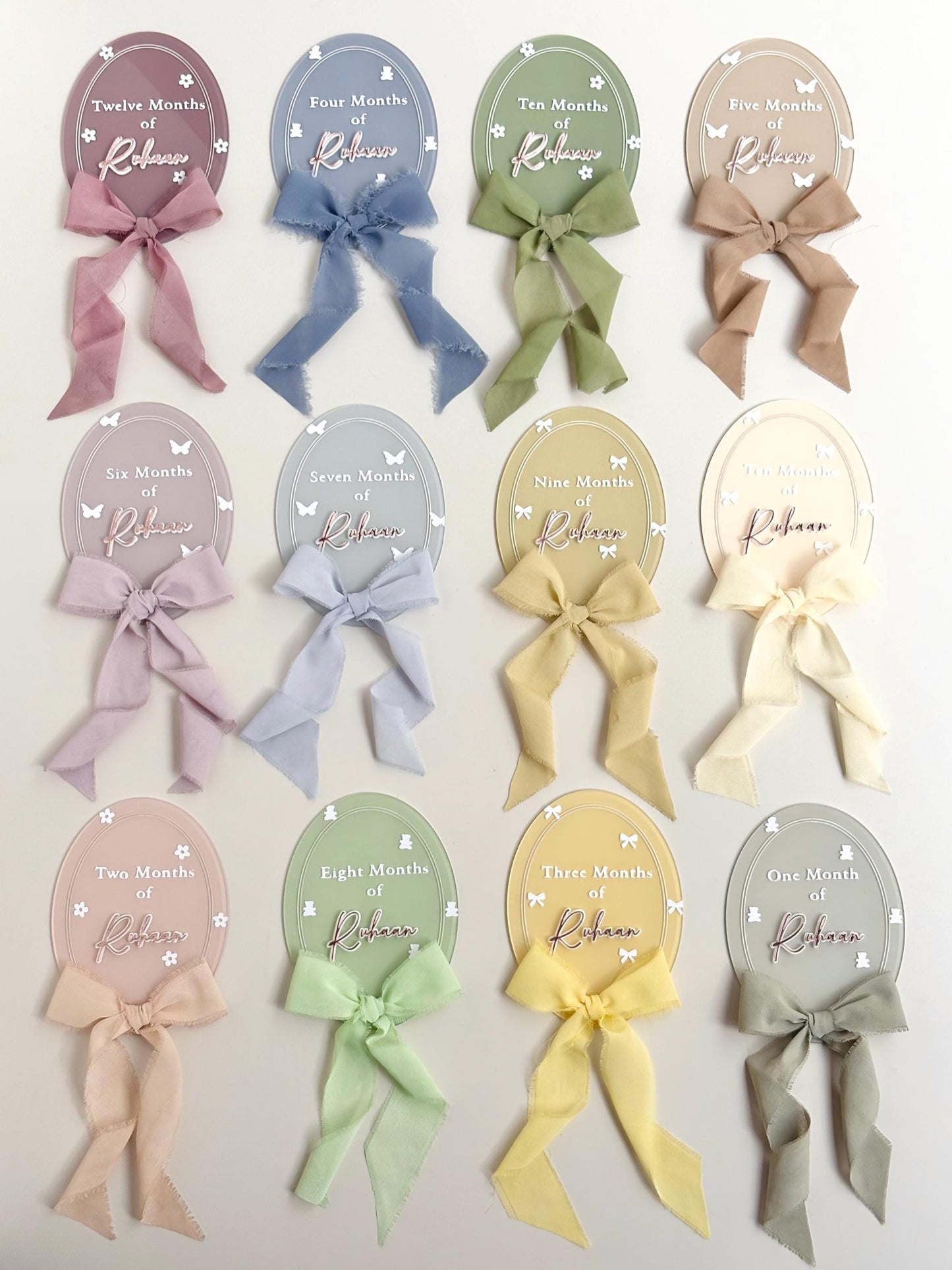 Personalized Acrylic Baby Monthly Milestone Discs with Fabric Bows, Newborn Photo Props