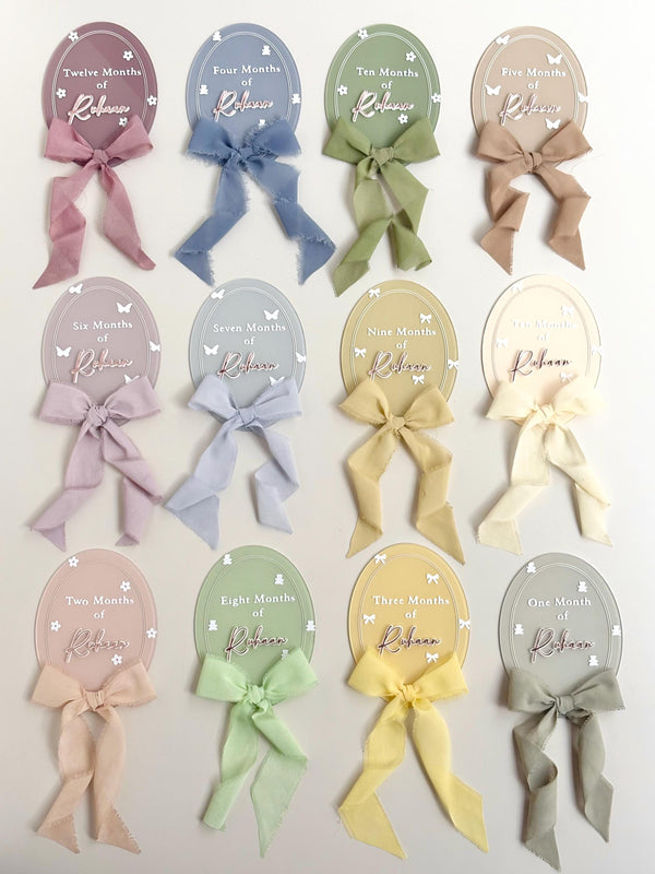 Personalized Acrylic Baby Monthly Milestone Discs with Fabric Bows, Newborn Photo Props