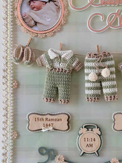 Personalized Baby Birth Details Frame, Crochet Outfit Keepsake Frame, Newborn Stats Display