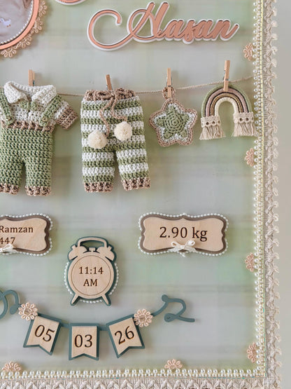 Personalized Baby Birth Details Frame, Crochet Outfit Keepsake Frame, Newborn Stats Display
